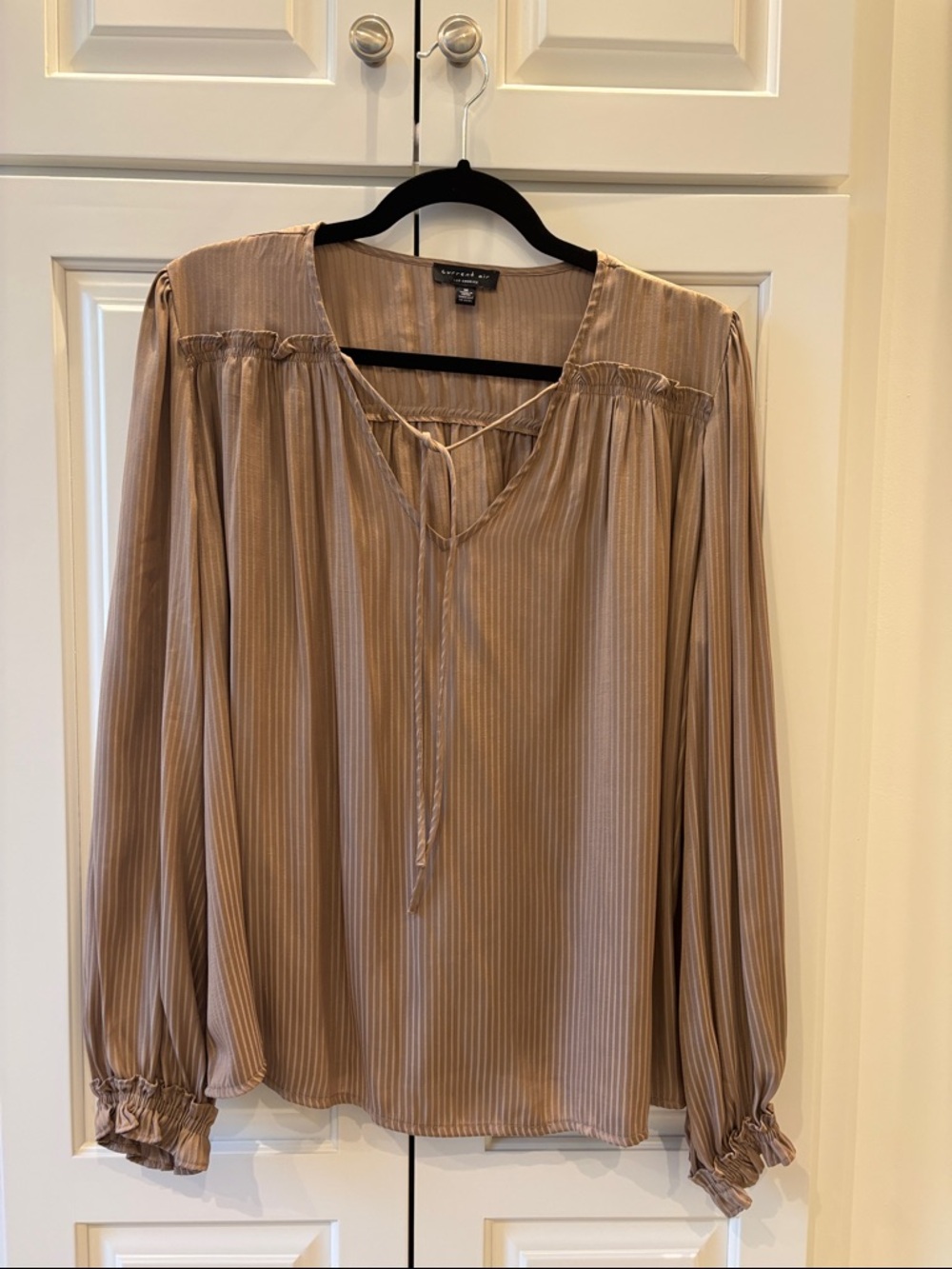 Current Air Taupe Striped Tie-Neck Peasant Blouse